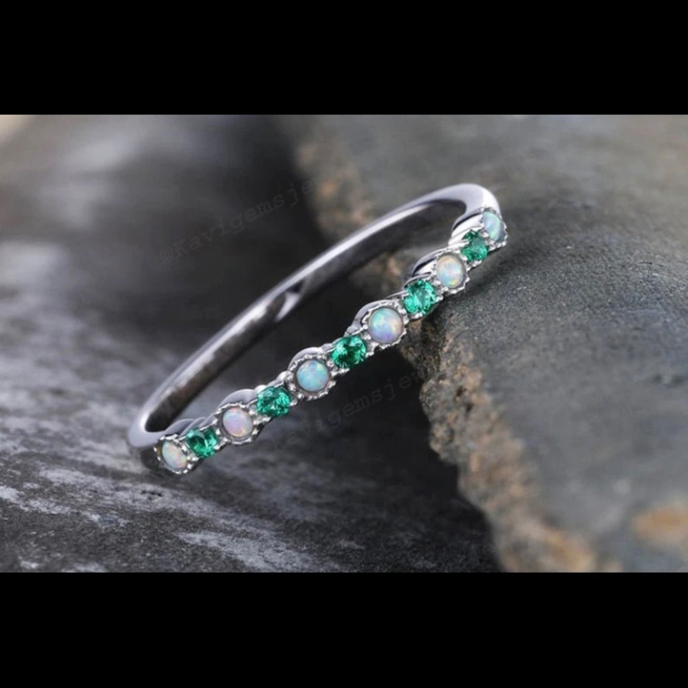 - Opal and green Emerald sterling silver Art Deco stack band ring 925 - Picture 3 of 6